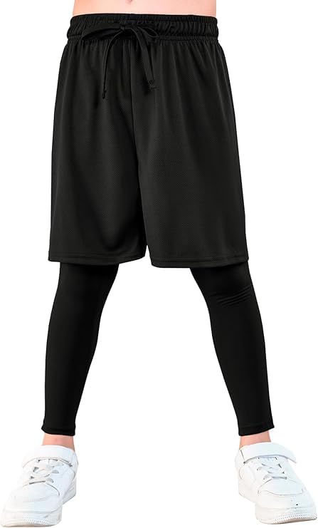 Haloumoning Short de compression 2 en 1 pour garçon - Legging de sport - Séchage rapide - Short de football - Basketball - Legging athlétique