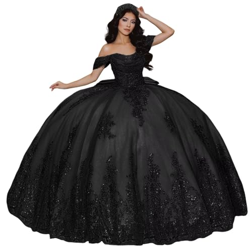 KPDFIF Glitter Lace Applique Quinceanera Dresses Ball Gown Black Sparkly Pearly Bow Dress Puffy Tulle Party Gown with Train Size 04