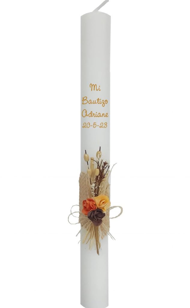 Vela para Bautizo de Cera Blanca, Pick Floral Rústico, Personalizada | Decorada con Pick Floral Rústico lazo de cordón y cintade arpillera