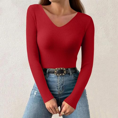 Jersey Mujer Otoño Algodon Camiseta Manga Larga Mujer Elegante Basicas Sueter Cuello V Tallas Grandes Termica Blusa Camiseta Interior Otoño Primavera Casual Top Sudadera(Rojo,S)