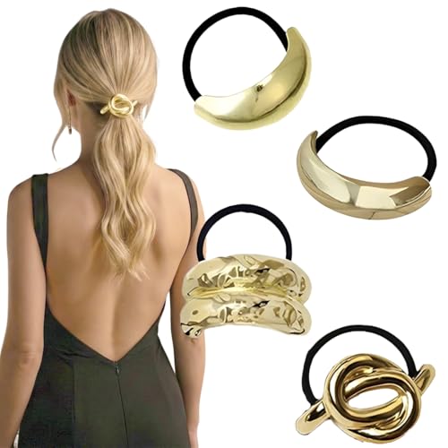 4 Pezzi Elastico per Capelli in Metallo, Elastici Capelli Donna Gioiello, Accessori Capelli a Coda di Cavallo, Elastici Oro Capelli Donna, per Ragazze e Donne
