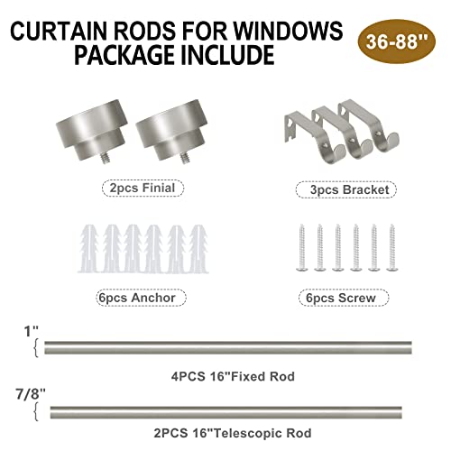Silver Curtain Rods For Windows 48 To 84 Inch(4-7Ft),1 Inch Diameter Heavy Duty Curtain Rods,Adjustable Curtain Rod,Modern Decorative Drapery Rods,Telescoping Window Curtains Rod 36-88",Antique Silver #TOP4