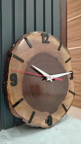 Image of Wall Clock | Handcrafted Sheesham Wooden Wall Clock with Silent Sweep Quartz Movement - Solid Wood Wall Clock for Living Room, Office & Home Decor (Rustic Design) (Black)
