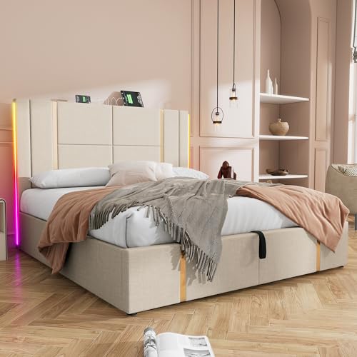 Dolamaní Polsterbett Bett 160x200 cm mit Lattenrost Beige, Doppelbett mit Stauraum, Schlafzimmer Boxspringbett, Lattenrost aus Holz, Kopfteil im Liniendesign – Bild 4