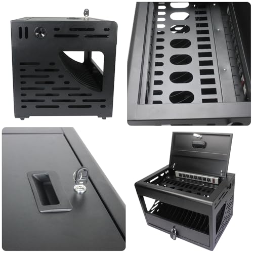 Image of 16 Unit Laptop Charging Station, Locking Charging Cabinet with Interior Steel Dividers & Power Strip, Metal Charging Organizer with Dual Installation Options for Classroom & Office, Black