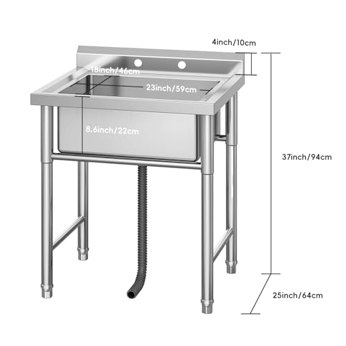 Image of Garvee Outdoor Freestanding Stainless Steel Utility Sink, Commercial Single Bowl Prep Sink with Backsplash for Kitchen, Restaurant, Laundry, Garage, Bar & Workshop - Easy Clean & Anti-Splash Design
