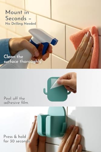 Image of 1 Pcs Mobile Holder for Home - Self-Adhesive Phone Charging Holder with Dual Hooks, Ideal for Bathroom, Kitchen, Bedroom, Office - Reusable ABS Build HMH-1 Multicolor