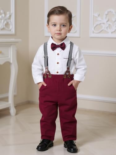 Image of Boarnseorl Baby Boys Pants Sets, Infant Long Sleeve Shirt + Pants + Bow Tie + Suspenders Outfits