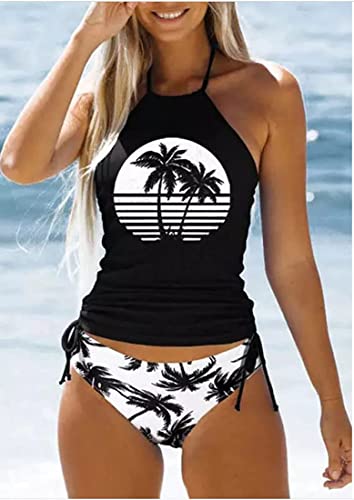 Women's Live Simple Coconut Tree Tankini Set Sexy Halter Neck Backless Swimsuit Drawstring Side Bathing Suit2