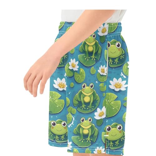 Boys Athletic Shorts with Pockets Green Frog Lotus Running Basketball Shorts for Youth Elastic Waist Size 7-8 7