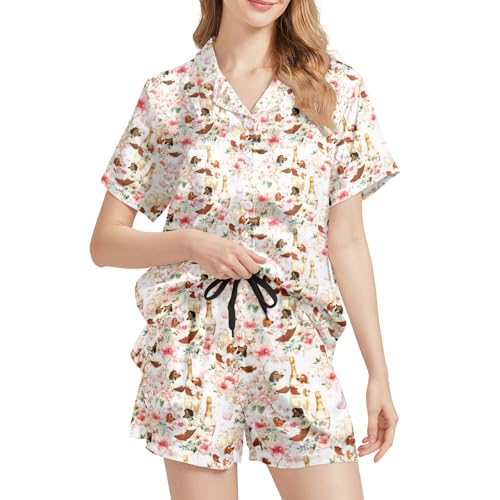 Image of Silk Satin Pajama Set for Women Summer Lounge Pjs Sets 2 Piece Suit Ladies Button Down Tops And Shorts Sleepwear