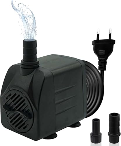 Mini Wasserpumpen(800L/H, 16W), Ultra Leise Aquarium pumpe mit hohem Hub, brunnenpumpe mit 1,5 m Netzkabel, 2 Düsen für Aquarien, Teich, Brunnen, Statuen