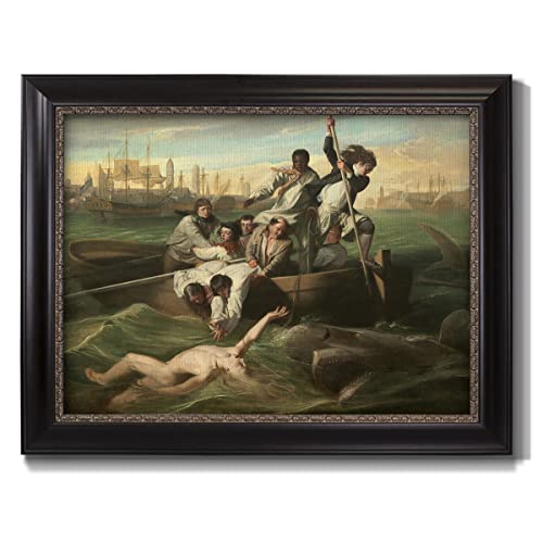 Renditions Gallery Wall Art Paintings Watson and the Shark Attack Depiction Abstract Artwork Prints by John Singleton Copley for Bedroom Dining Living Room Office Home Kitchen Wall Decor - 21X25 - Ebony & Gold Framed - LT499