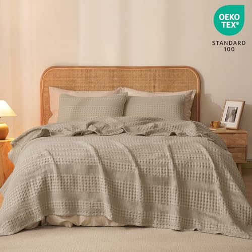 Image of PHF 100% Cotton Waffle Blanket Queen Size for Bed, Lightweight Breathable and Soft for Summer, Luxury Aesthetic Waffle Weave Blanket for Home Decor & Gifts for Women, 90 inchx90 inch, Taupe