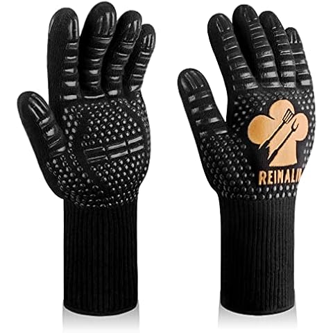 Reinalin Grillhandschuhe Hitzebeständig bis 800°C, Ofenhandschuhe Topfhandschuhe Feuerfeste Handschuhe BBQ Handschuhe Kochhandschuhe Backhandschuhe Backofenhandschuhe (Schwarz) Cover