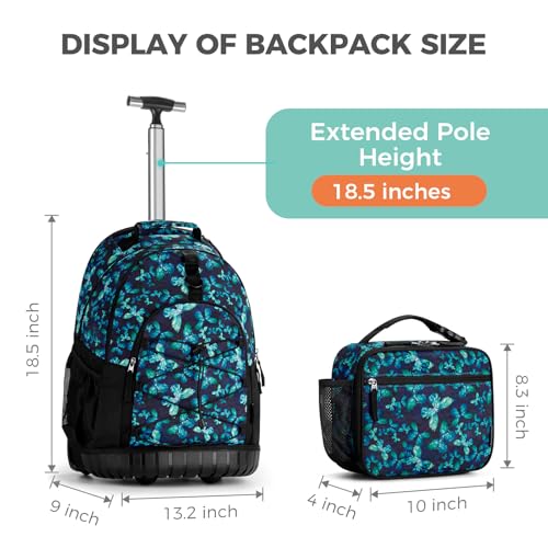 Choco Mocha Rolling Backpack for Girls, 18 Inch Roller Backpack for Middle School Bookbag with Wheels for Teen Girl, Butterfly Rolling Backpacks for Girls 8-12 with Lunch Bag Set, Blue2