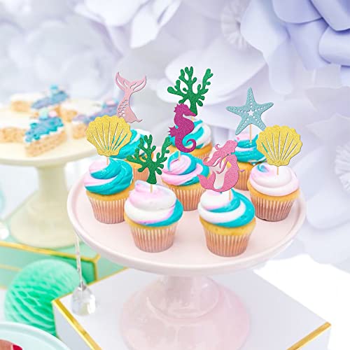 24 Pcs Glitter Mermaid Cupcake Toppers With Seahorse Shell Mermaid Tail Star Seaweed Baby Shower Cupcake Picks For Under The Sea Marine Life Theme Kids Birthday Party Cake Decorations #TOP5