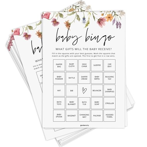 GardenCity Baby Bingo Fun Baby Shower Games for Girl (50 Unique Cards) Pre-Filled Perforated Calling Cards Gender Neutral (Wildflower)