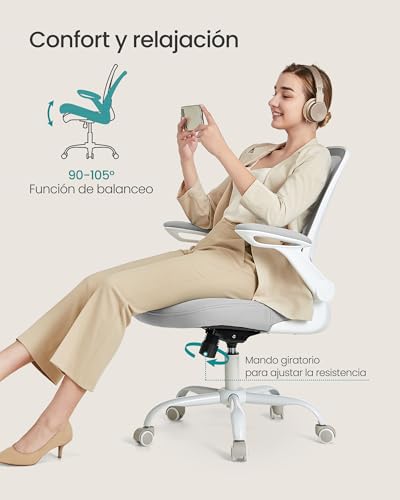 Miniatura 4 de Songmics Silla De Oficina, Silla De Escritorio De Malla, Silla Giratoria Ergonómica, Soporte Lumbar, Oscilante, Asiento De 53 Cm, Apoyabrazos Abatibles, Gris Paloma Obn037g02