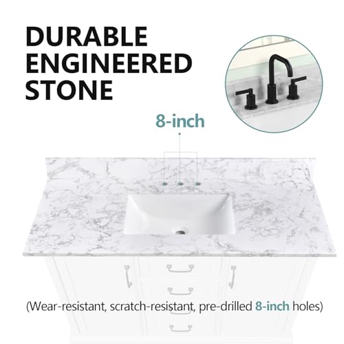 LOCALAND 48x22 Inch Bathroom Vanity Tops,White Engineered Stone Vanity Top with Sink,with Middle Sink,Vanity Countertop 8 Inch Faucet 3 Hole Spread with Backsplash(Not included Faucet)