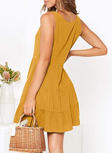 Image of MITILLY Women's Casual T-Shirt Dresses Sleeveless V Neck Button Down A Line Loose Swing Short Dress with Pockets