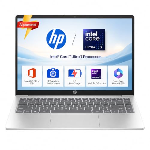 Image of HP 14 Laptop, Intel Core Ultra 7 155H (16GB DDR5, 512GB SSD) FHD, Anti-Glare, Micro-Edge, 14'' /35.6cm, Win11, M365 Basic(1yr)* Office24, Silver, 1.4kg, EP1151TU, Backlit, HD Camera w /Shutter