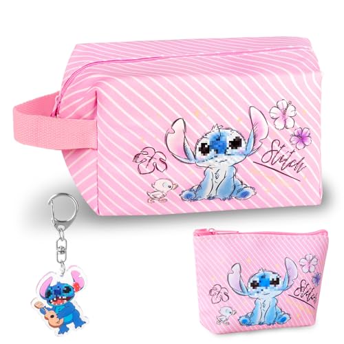 Neceser Stit, Impermeable Bolsa de Maquillaje, Neceser de Dibujos Animados, Neceser Viaje de Gran Capacidad, Neceser Plegables con Asa, Portátil Bolsa Aseo Mujer con Llavero y Monedero