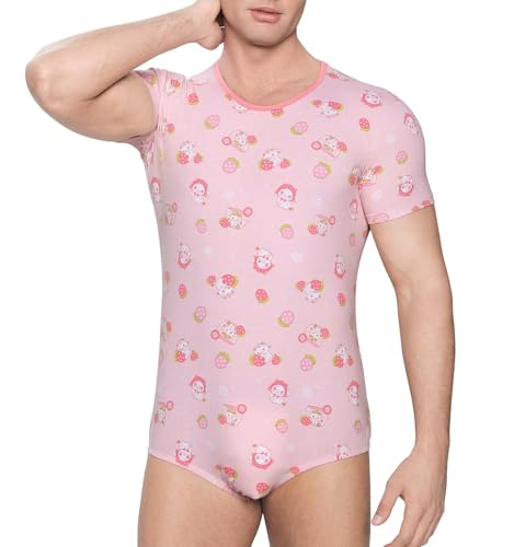 Mens Short Sleeve Bodysuit One Piece Pajamas Onesie Romper Jumpsuit Snap Button Underwear Pink Cartoon Print4
