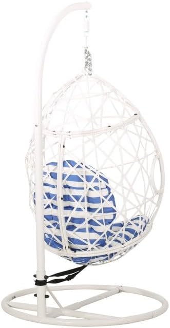 Hanging Egg Chair Rattan Wicker Hammock Swing Chair with Stand and Comfortable Cushion for Outdoor Patio Porch Indoor Bedroom 80'' H X 44'' W X 44'' D. (White/Blue)