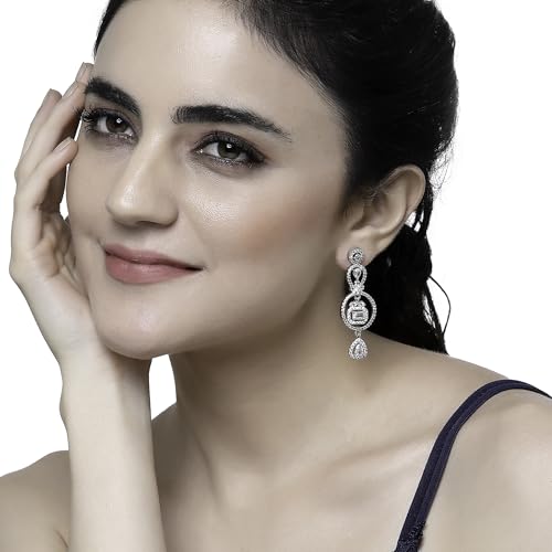 Rhodium-Plated Circular Drop Earrings with American Diamonds