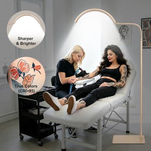 Image of Half Moon Lash Light for Estheticians, LED Lamp for Eyelash Extensions, Nail Tech, Tattoo, Eye Caring Floor Reading Light for Study, Work & Crafts, Adjustable Color Temperatures & Brightness (Gold)