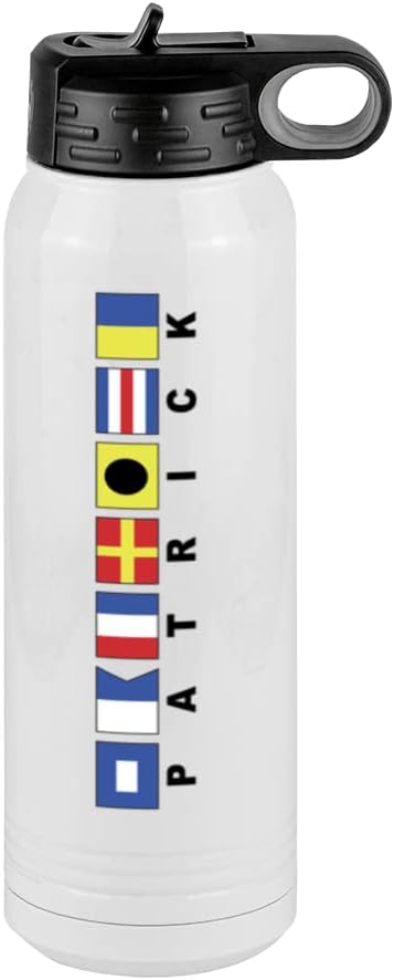 Just So Posh Personalized Nautical Flags Water Bottle, Gift for Dad, White 30 oz Polar Camel with Straw Lid, Stainless Steel, Vacuum Insulated