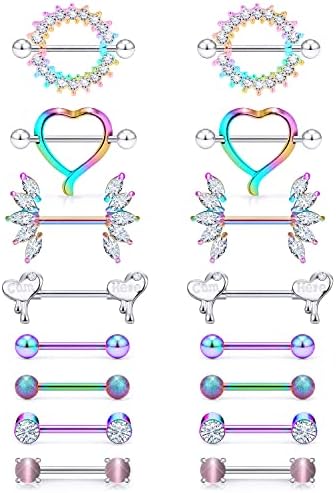 Msndnkwo Surgical steel Body Piercing jewelry nipple rings Of Distinctive design 14G 9/16 14mm heart Silver Purple Rose Gold Body Piercing Barbell kit For Women Men Straight Barbell Piercing