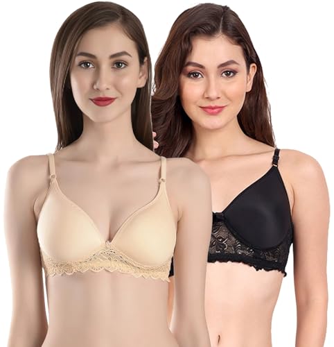 Image of FIMS - Fashion is my style Women Cotton Blend Lace Lightly Padded Bra Seamless Black Beige Size 38B