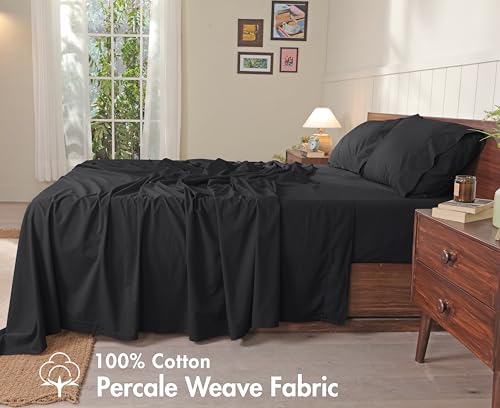 Image of RUVANTI 100% Cotton Percale Sheets Split King Size - Crisp Cooling Bed Sheets for Hot Sleepers, Deep Pocket 16 inch, Soft Breathable & Durable Hotel-Style 5 Piece Set, Jet Black