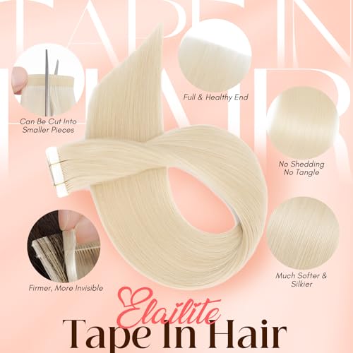 Image of Elailite Tape in Hair Extensions Human Hair Thick Real Remy Hairpieces Platinum Blonde 20 Inch 50g 20pcs Straight Invisible Seamless Skin Weft Best Tape for Women
