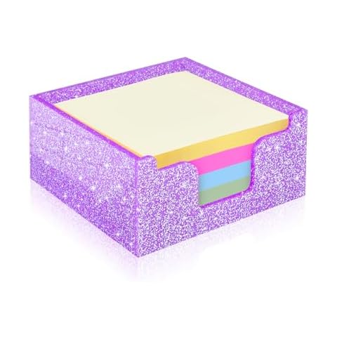 Rouidr Acrylic Sticky Note Holder, Self Stick Note Pad Holder, 3.94 x 3.94 Inch Glitter Sticky Note Dispenser, Memo Pad Holder Dispenser Organizer for School Office Home Desk Supplies(Purple) Cover