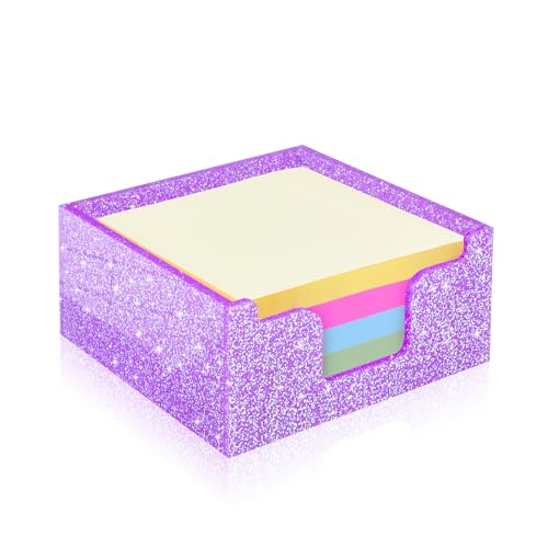Rouidr Acrylic Sticky Note Holder, Self Stick Note Pad Holder, 3.94 x 3.94 Inch Glitter Memo Pad Dispenser Organizer for School Office Home Desk Supplies, Purple