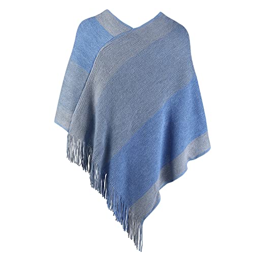 Image of Women's Elegant Knitted Shawl Poncho with Fringed V-Neck Striped Sweater Pullover Cape Gifts for Women Mom