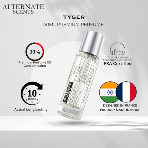 Image of Alternate Scents TYGER Long Lasting 40ml Perfume For Men |Strong& long Lasting with 30% Oil Concentration|Woody Citrus Earthy Perfume | Fragrance From France | Made In India|