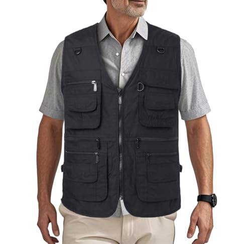 HZQIFEI Herren Outdoor Ärmellos Weste Freizeit Angler Camping Wandern Weste mit Vielen Praktischen Taschen MJ10 (Schwarz, 4XL)