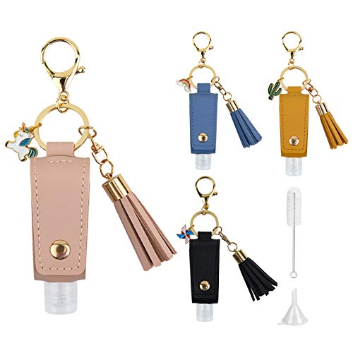 4 Pack Hand Sanitizer Holder Keychain(1 oz), Travel Size Tassel Leather Keychain Holder for Sanitizer, Protable Leakproof Squeeze Refillable Empty Bottle