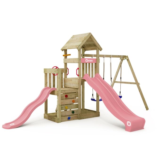 Wickey Tour de jeu Skyflyer 120 et 90 cm, avec toboggan rose pastel et bâche rose pastel, double balançoire, appareil de jeu pour le jardin