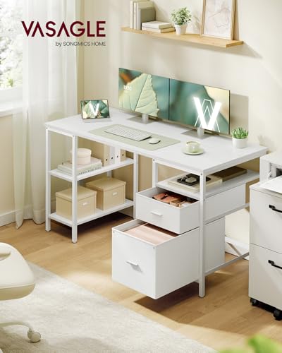VASAGLE Bureau d’Ordinateur, Table avec Rangement, 3 Étagères, 2 Tiroirs, 140 x 60 x 76 cm, pour Bureau, Salon, Style Moderne, Blanc Érable et Blanc Nuage LWD104WF01 – vue 2