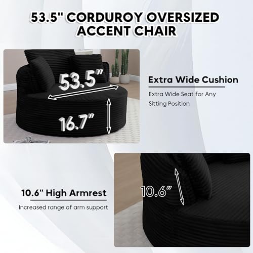 Image of Oversized Round Chair Lounge Chaise Indoor, 53.5 inch Upholstered Corduroy Deep Seat Single Cloud Sofa Chair, Fluffy Modern Large Circle Boneless Sleeper Sofa for Living Room, Bedroom, Black