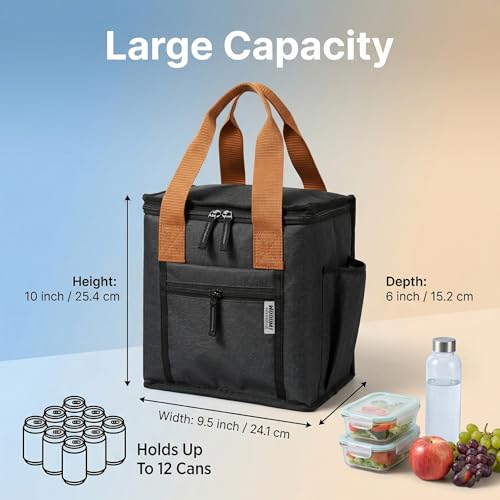 Image of Wooum Thermal Insulated Lunch Bag for Office Men Women Kids | 9L Tiffin Bag with Bottle Holder | Waterproof Food Bag for School, Travel, Work | Leakproof, Compact, 1 Year Warranty (Dark Grey)