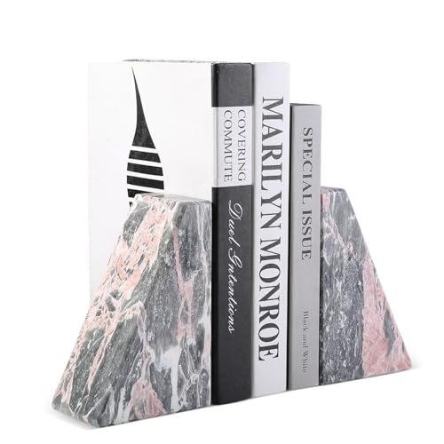 Koville Marble Bookends for Shelves, Large Bookends for Heavy Books, Natural Stone Book Stopper for Books CD Movies, Aesthetic Decorative Book Ends (Grey&Pink)