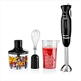 Ovente Immersion Electric Hand Blender 300 Watt Power 2 Mix Speed with Stainless Steel Blades, Handheld Stick Mixer Set with Egg Whisk Attachment Mixing Beaker and BPA-Free Food Chopper, Black HS565B