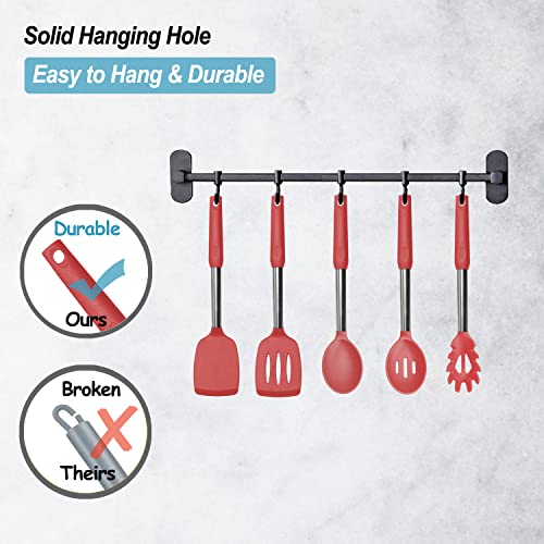 Image of Silicone Spatula and Cooking Spoon,5 Pack Non-Stick Cooking Utensils for Kitchen,Heat Resistant Solid & Slotted Spoons and Spatulas, Stainless Steel Handle Coated with Silicone,Red