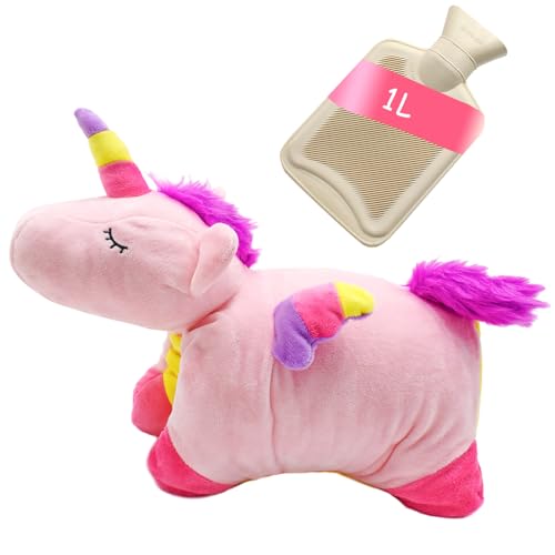 Cyiecw Unicorn Plüsch Wärmflasche Kuscheltier, 1 Liter Herausnehmbarer Innenbehälter Wärmflaschen Tier, Cartoon Fluffy Wärmflasche mit Bezug, Weiches Handwärmer für Kinder und Erwachsene
